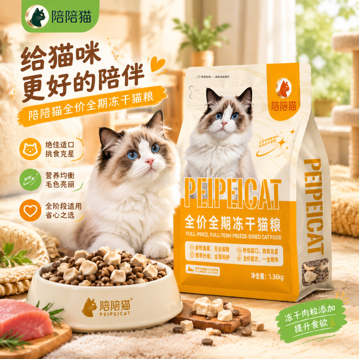 布偶猫与陪陪猫猫粮的温馨画面