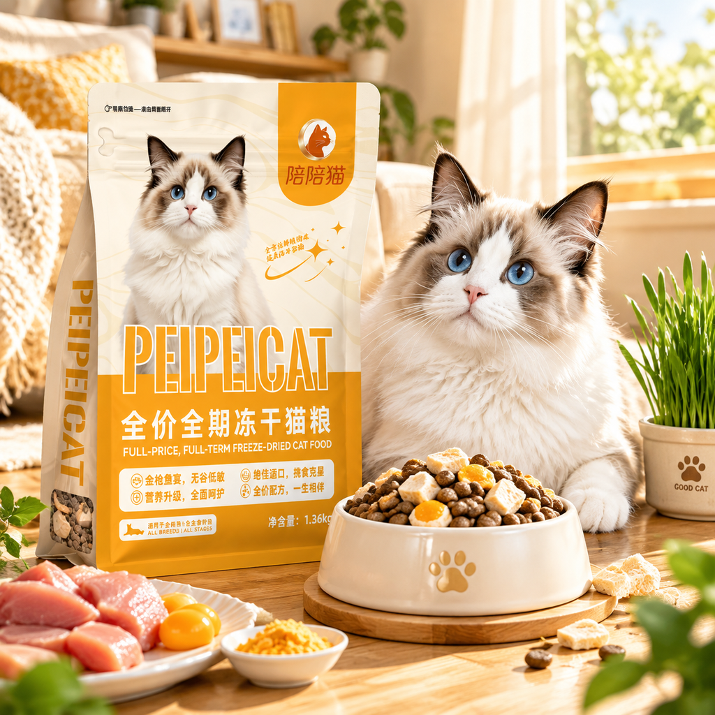 布偶猫与陪陪猫冻干猫粮的居家画面